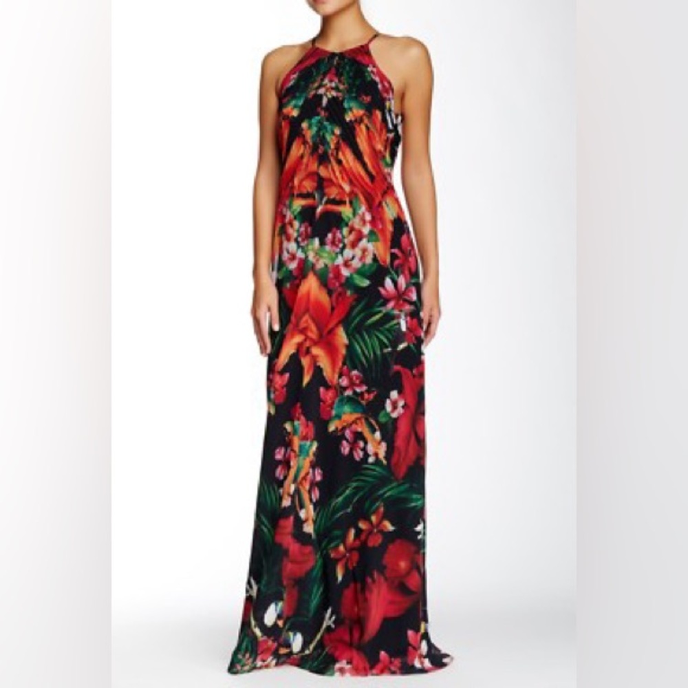 Floral Halter Maxi Dress - Black & Red